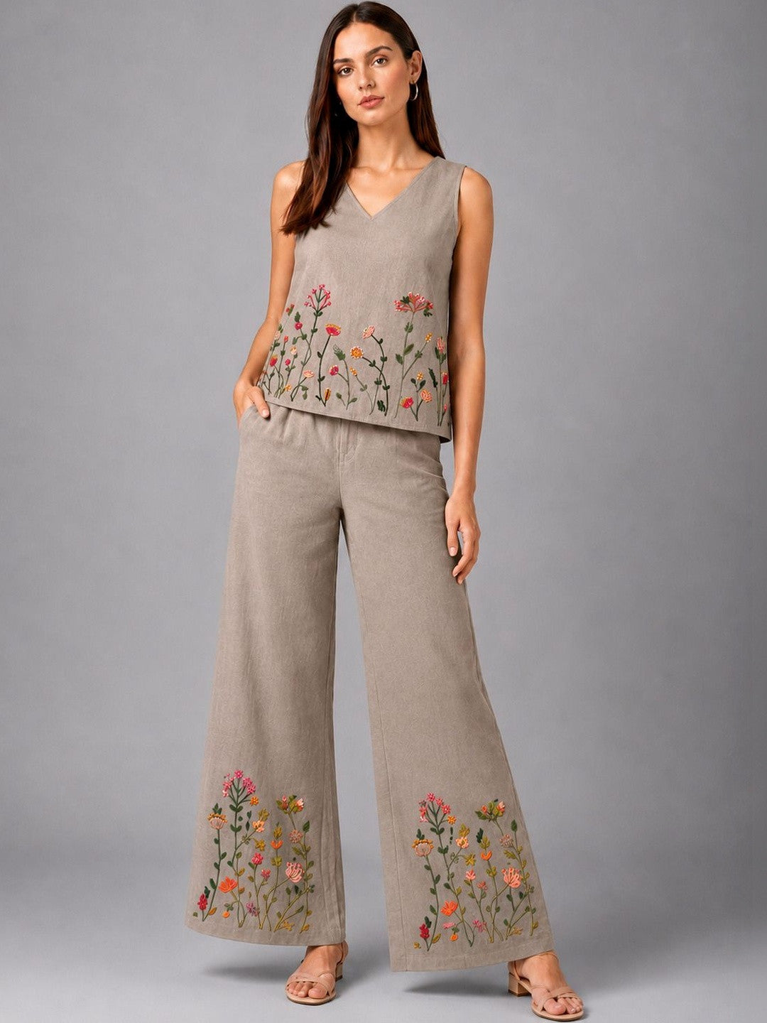 Women’s grey embroidered co-ord set with sleeveless top and wide-leg pants from Crazy Needle Online, showcasing intricate embroidery details.