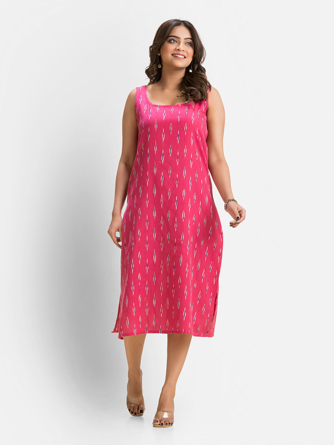 Women's pink cotton dress with black Dhanikhali jacket, casual and stylish, by Crazy Needle Online.