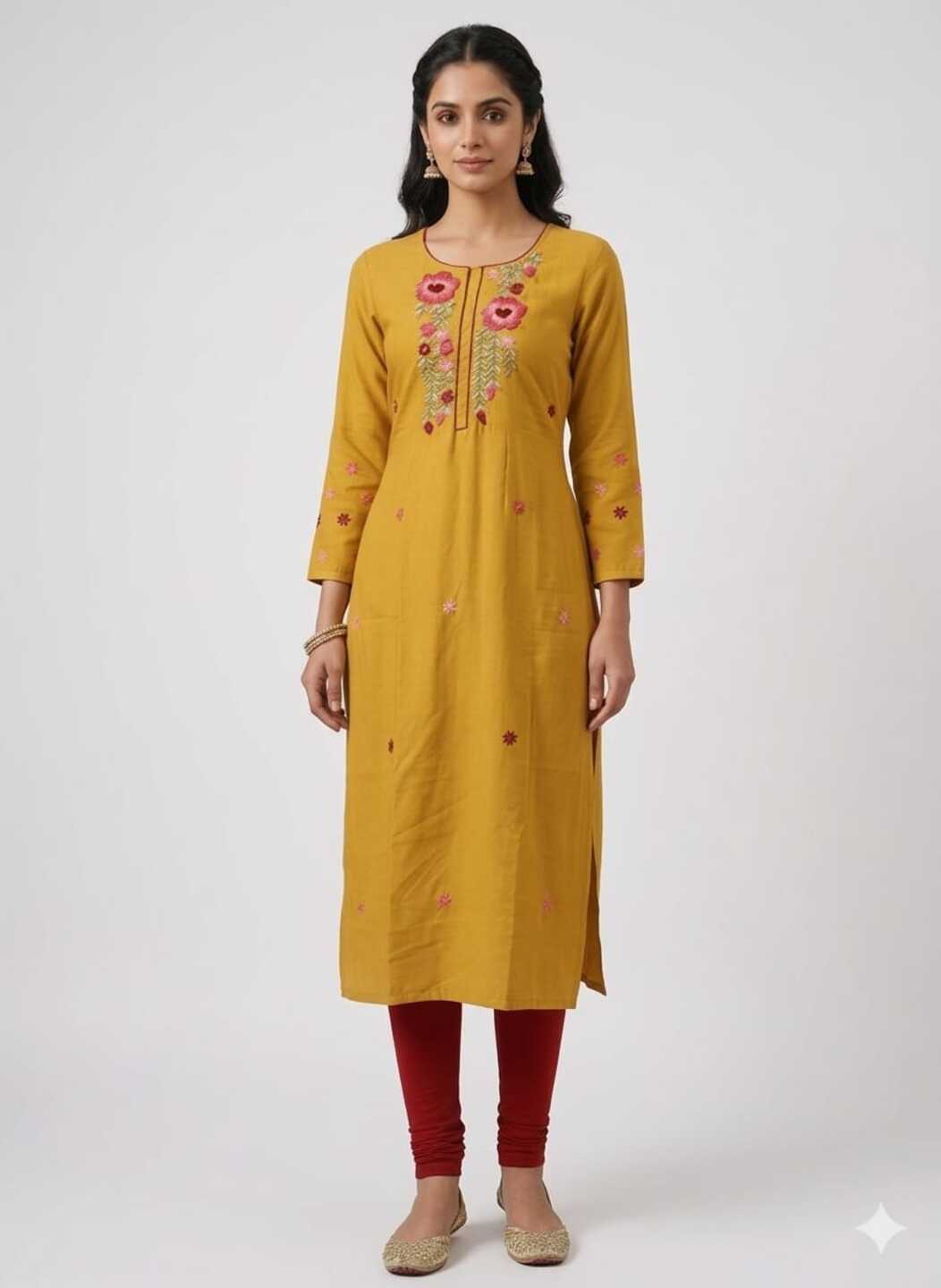 Women's Yellow Round Neck Kurti