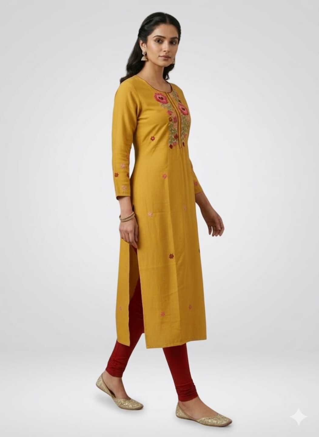 Yellow women's round neck kurta by Crazy Needle Online, showcasing a comfortable fit and stylish design.