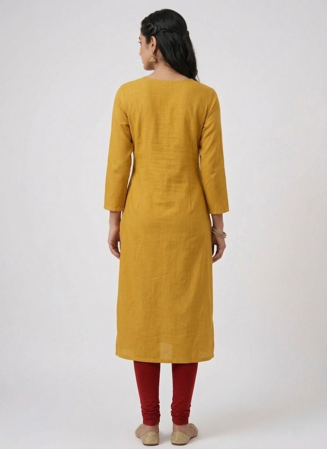 Yellow women's round neck kurti by Crazy Needle Online, casual kurta with comfortable fit and stylish design.