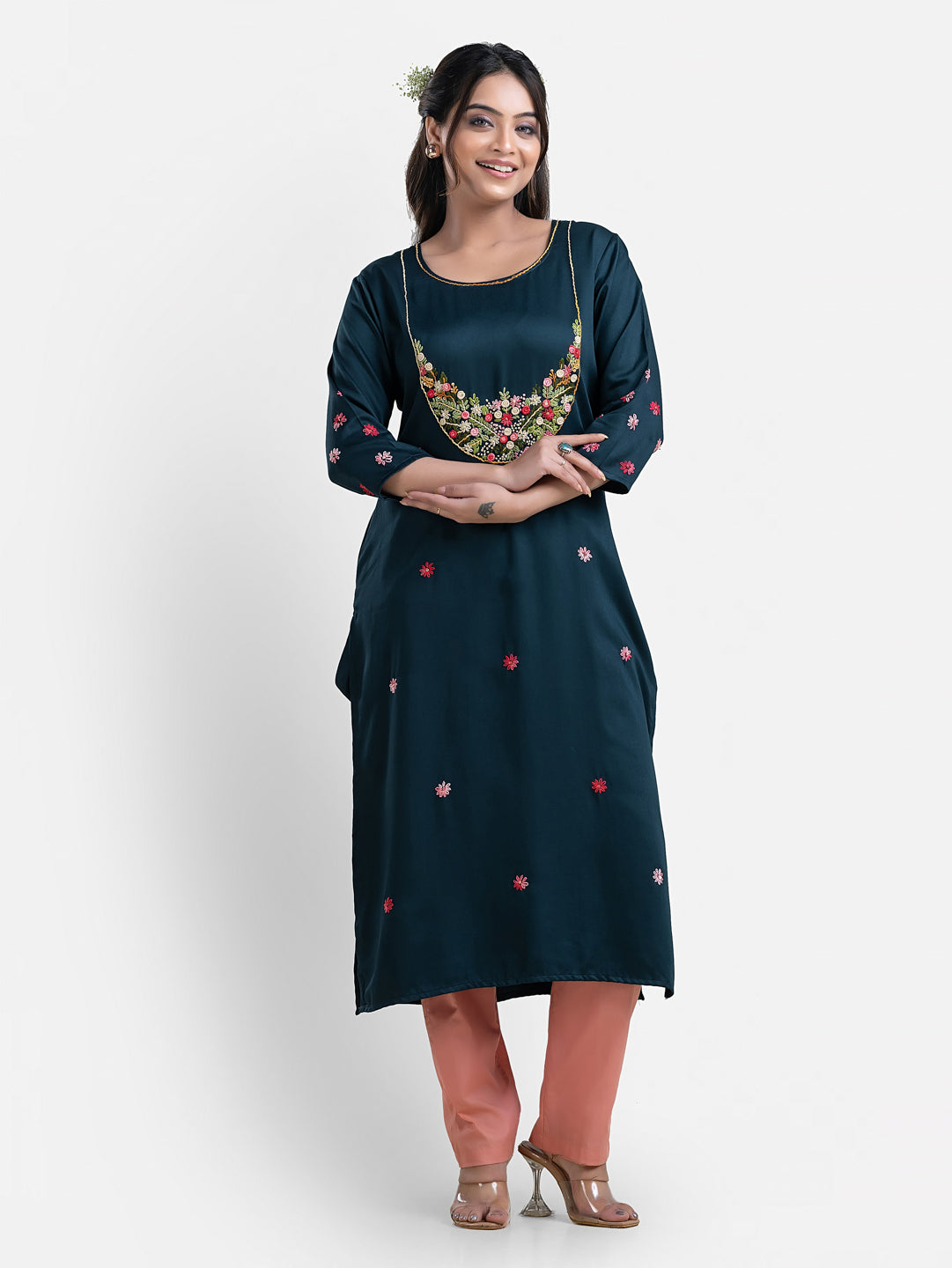 Women's 3/4th Sleeves Thread Work Blue Kurti