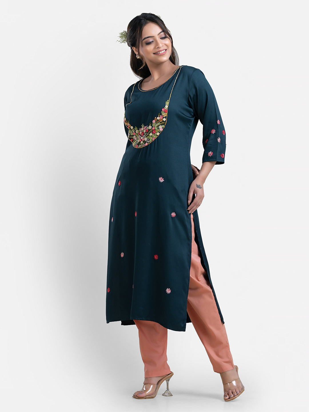 Women's 3/4th Sleeves Thread Work Blue Kurti