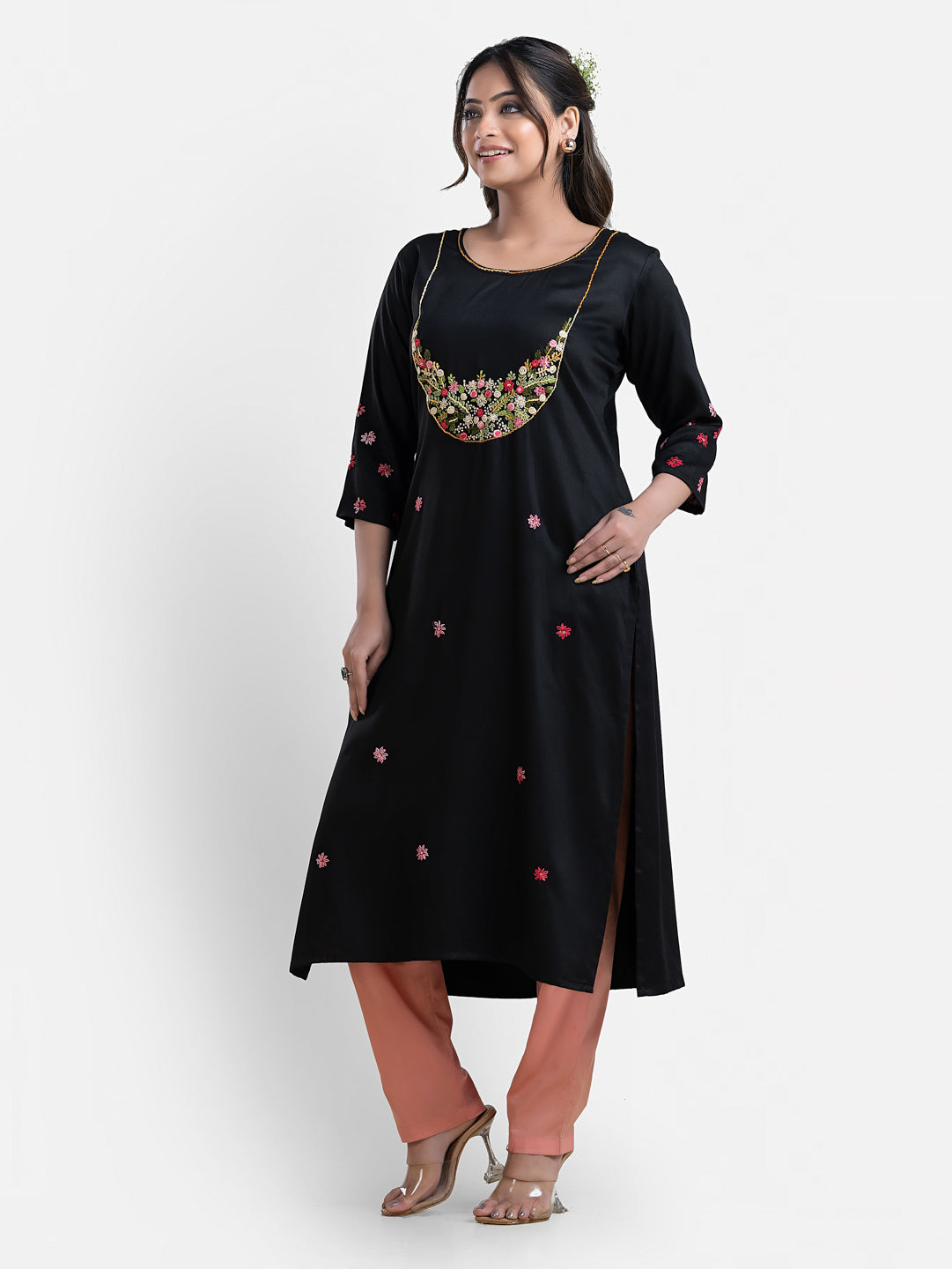 Women's 3/4th Sleeves Thread Work Black Kurti