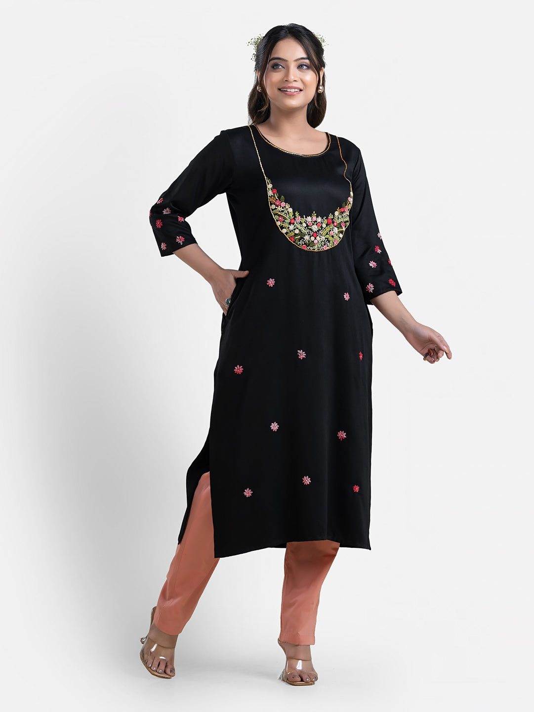 Women's 3/4th Sleeves Thread Work Black Kurti
