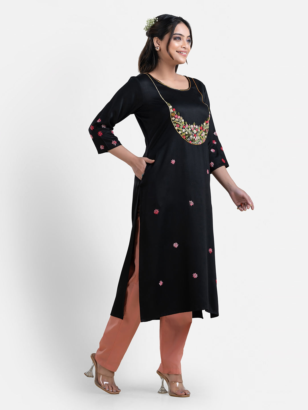 Women's 3/4th Sleeves Thread Work Black Kurti