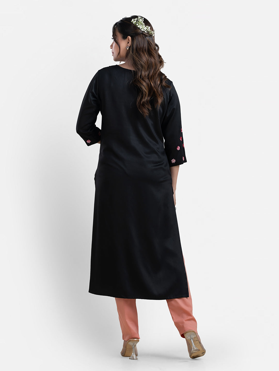 Women's 3/4th Sleeves Thread Work Black Kurti