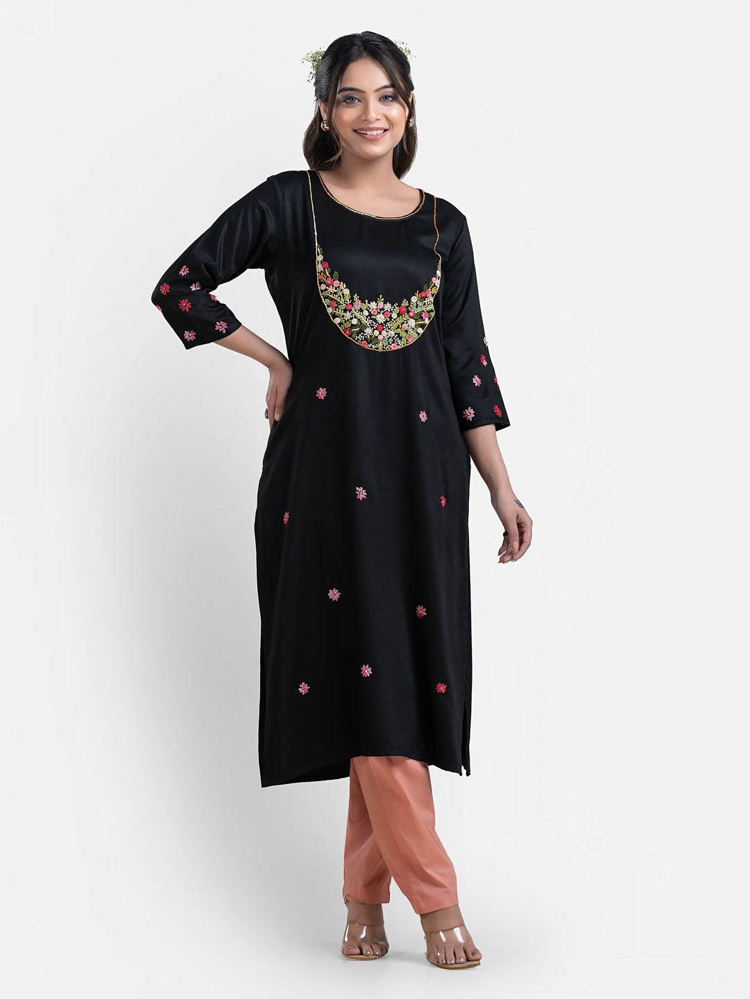 Women's 3/4th Sleeves Thread Work Black Kurti