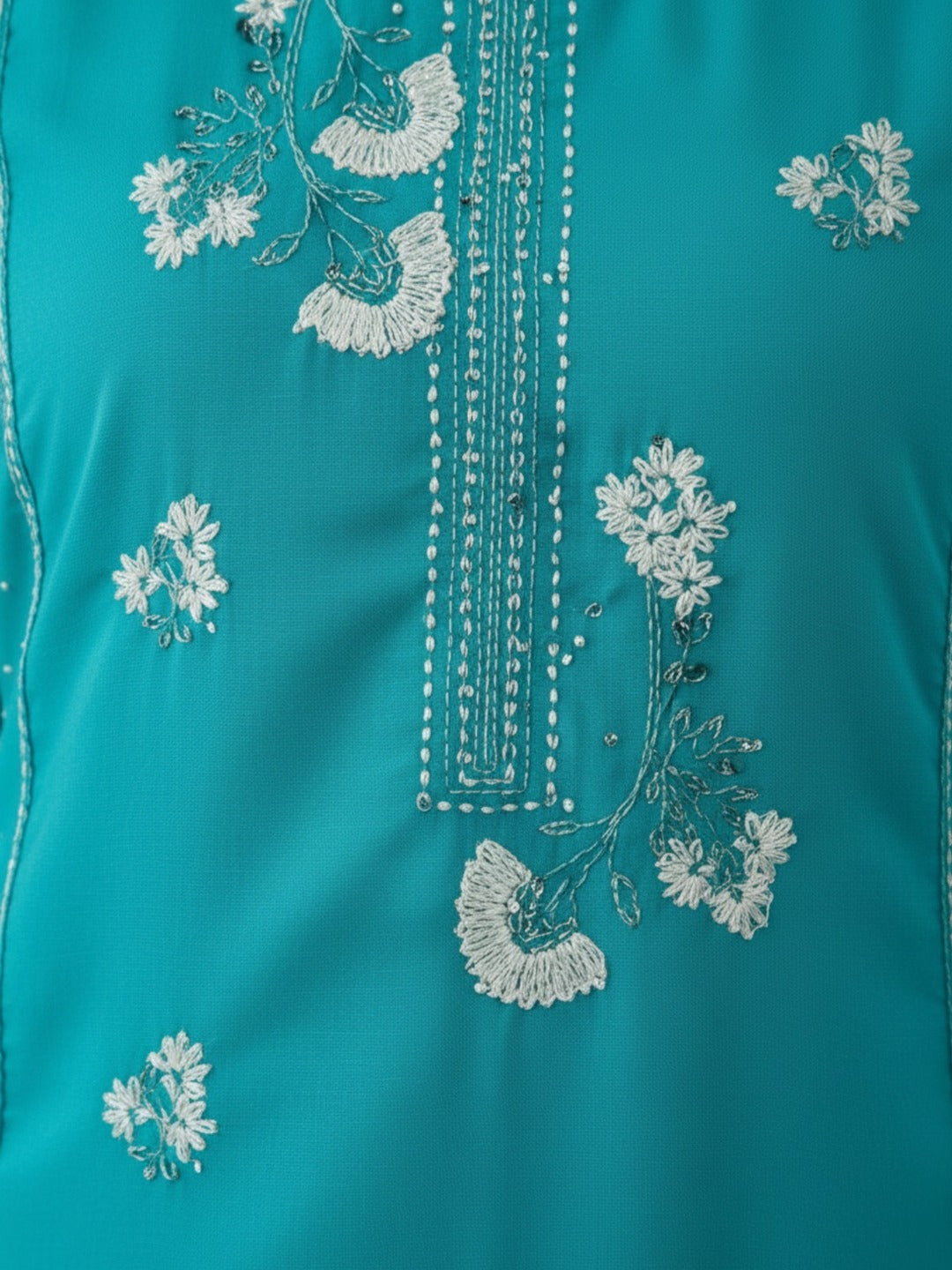 Sky blue women's kurti pant set with dupatta featuring thread work, shown in three images from Crazy Needle Online.