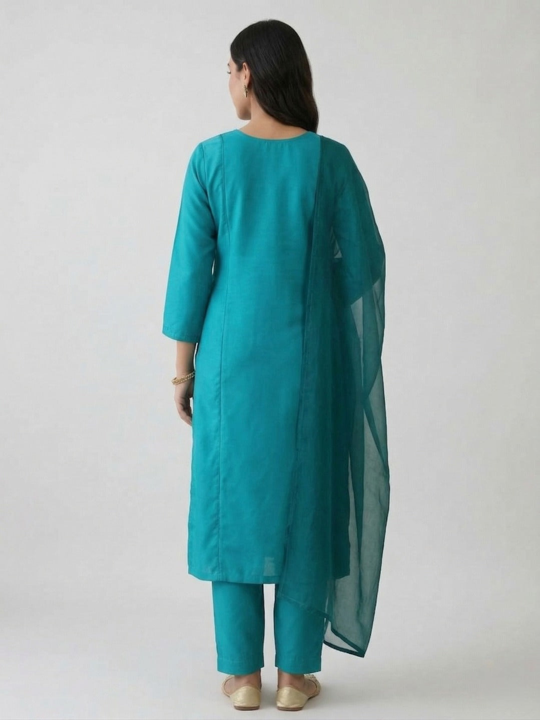 Sky blue women's kurti pant set with dupatta, featuring intricate thread work, displayed in three images from Crazy Needle Online.