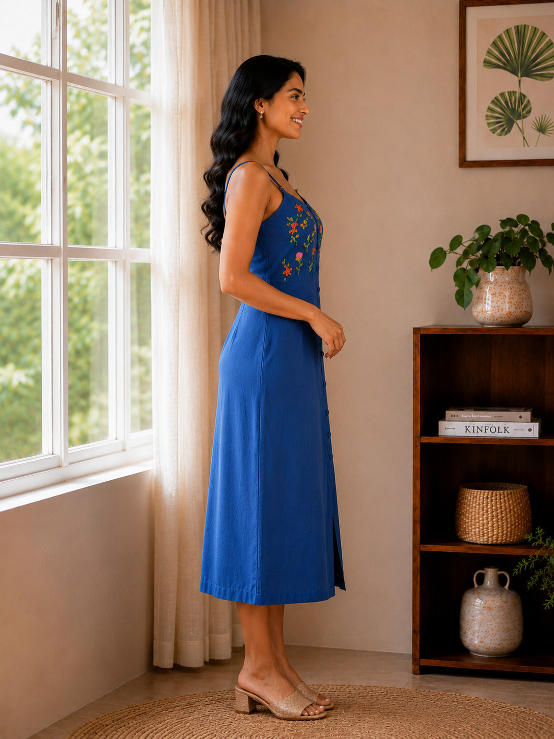 Women's Floral Thred Work Royal Blue Strap Dress