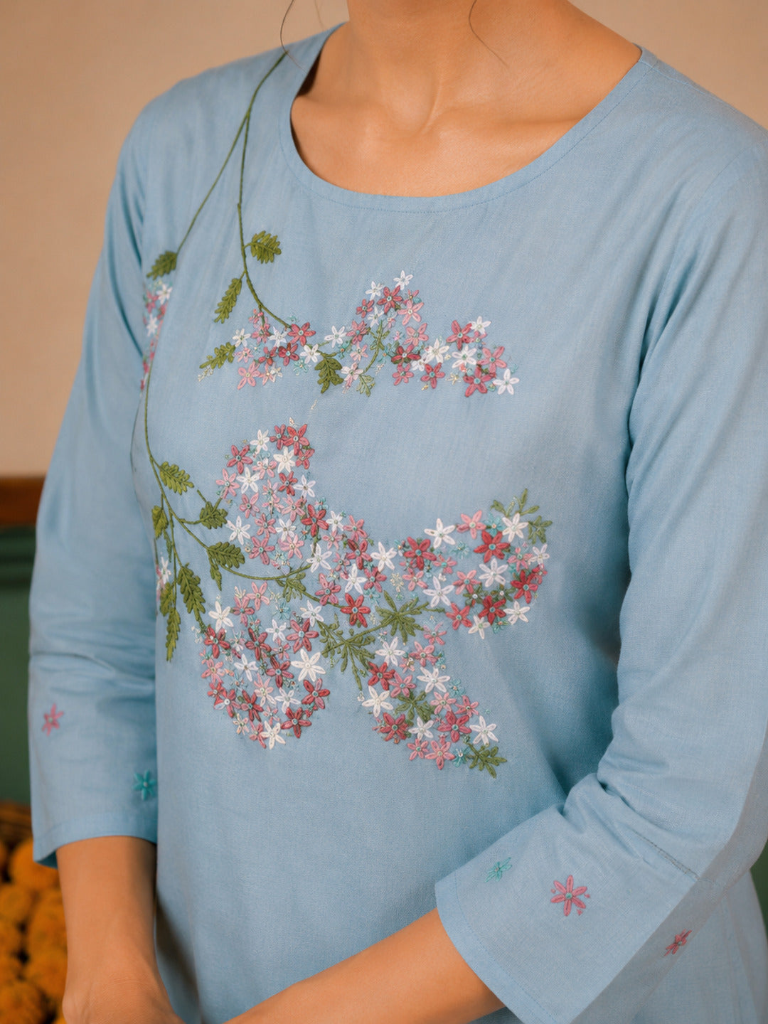 Women's Floral Embroidered Blue Kurta
