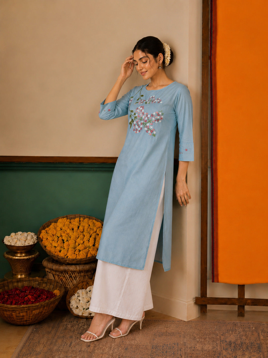 Women's Floral Embroidered Blue Kurta