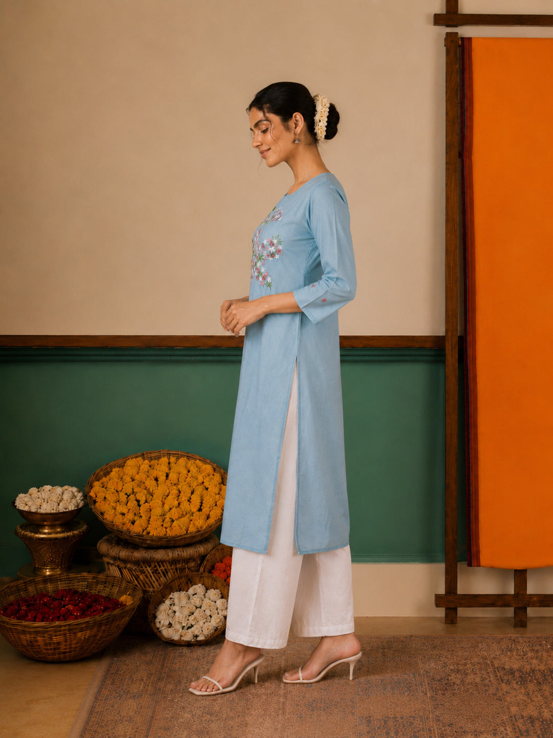 Women's Floral Embroidered Blue Kurta