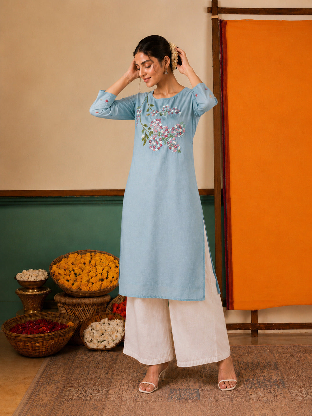 Women's Floral Embroidered Blue Kurta