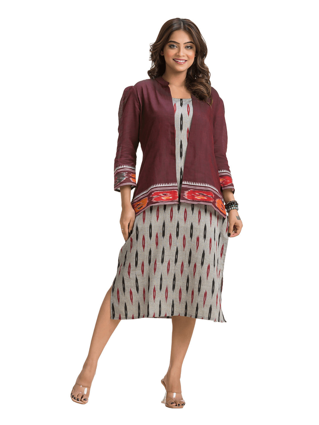 Women's Grey Cotton Dress With Wine Dhanikhali Jacket