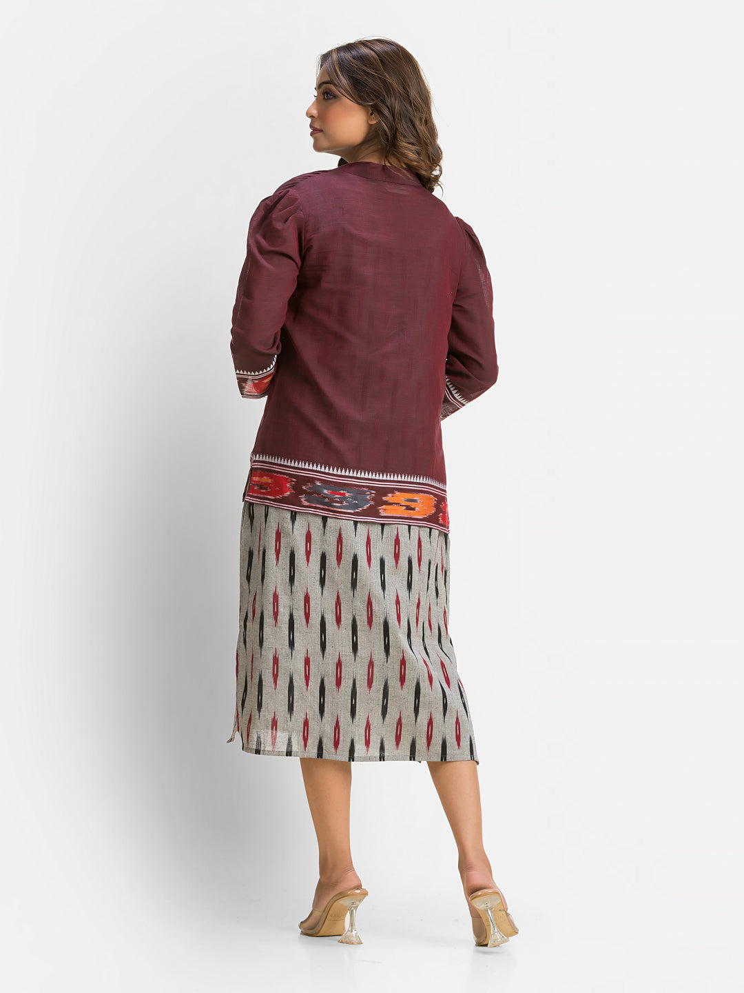 Women's Grey Cotton Dress With Wine Dhanikhali Jacket