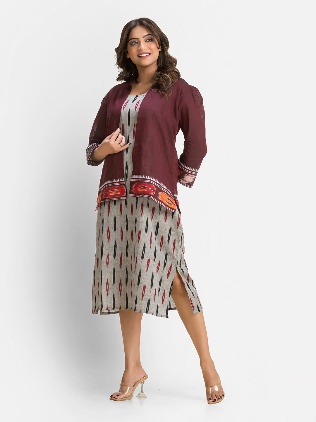 Women's Grey Cotton Dress With Wine Dhanikhali Jacket