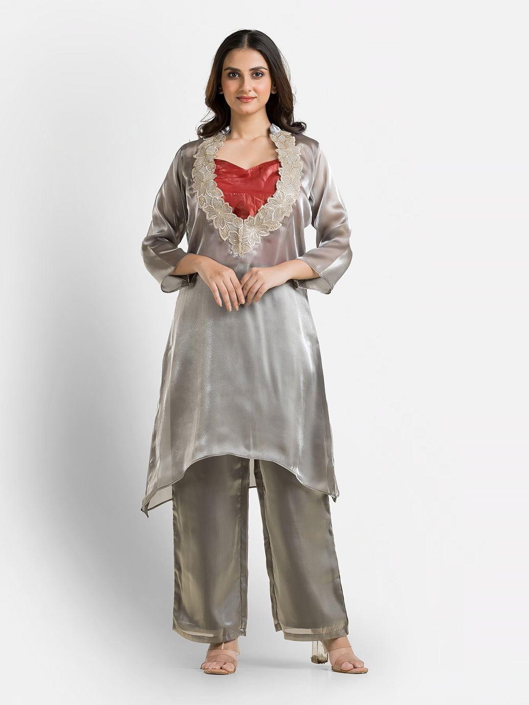 Women's Grey Organza Silk Co-Ords Set With Inner Blouse