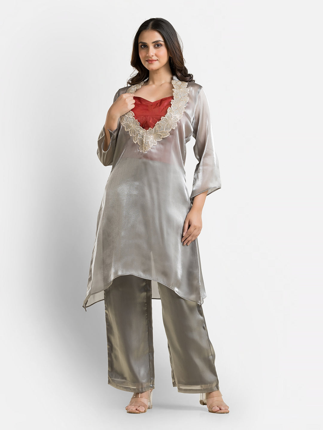 Women's Grey Organza Silk Co-Ords Set With Inner Blouse