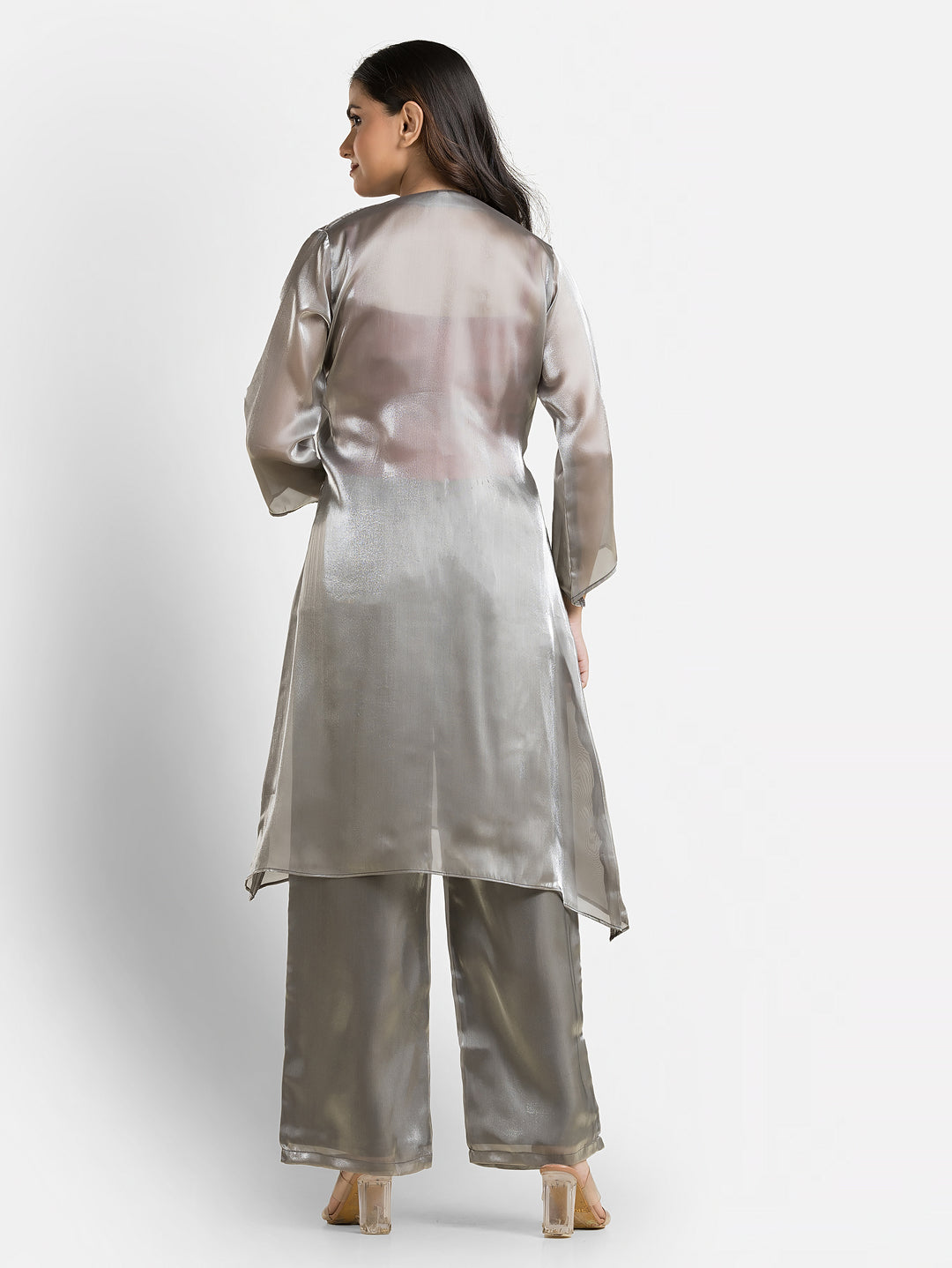 Women's Grey Organza Silk Co-Ords Set With Inner Blouse