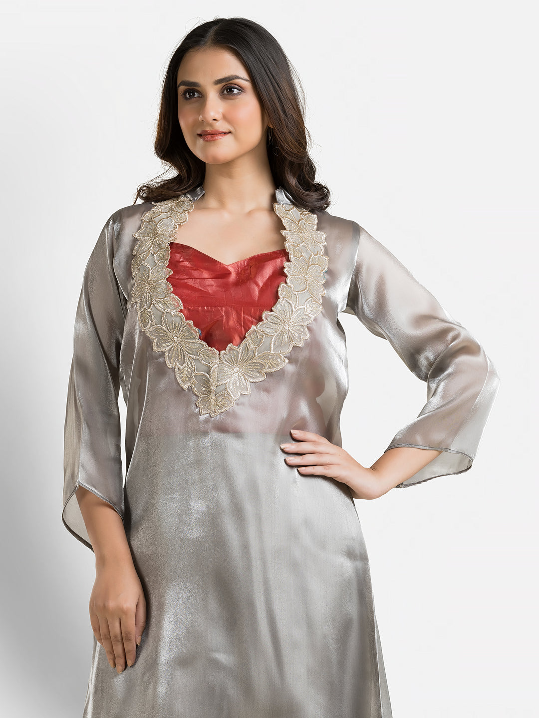 Women's Grey Organza Silk Co-Ords Set With Inner Blouse