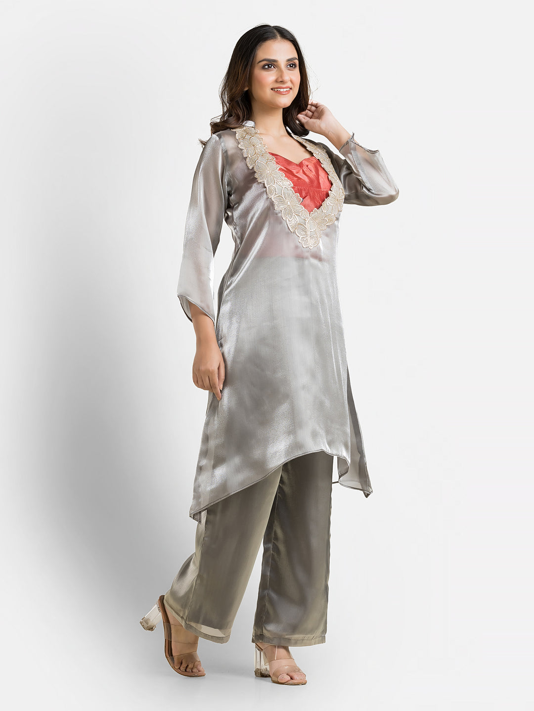 Women's Grey Organza Silk Co-Ords Set With Inner Blouse