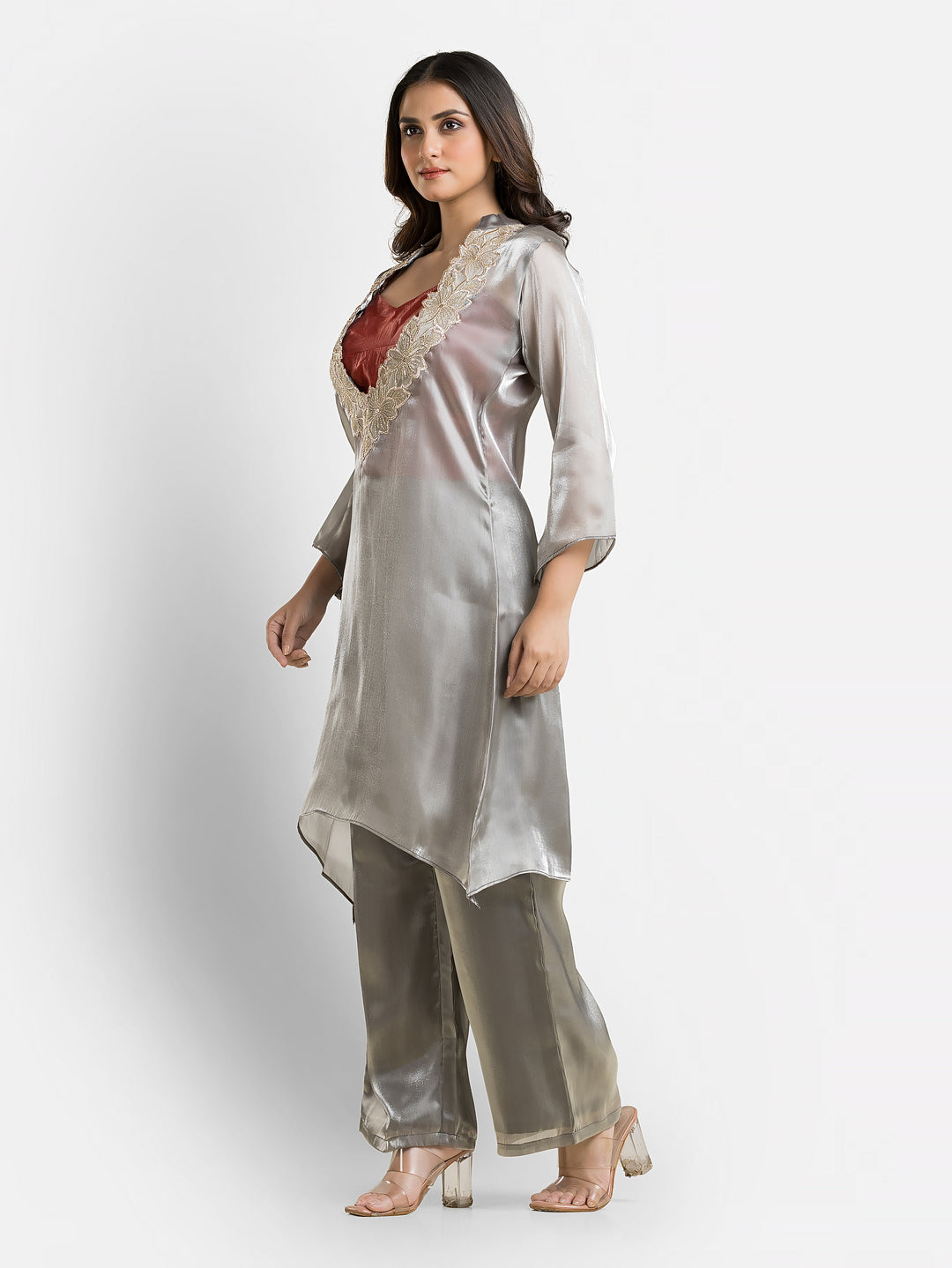 Women's Grey Organza Silk Co-Ords Set With Inner Blouse