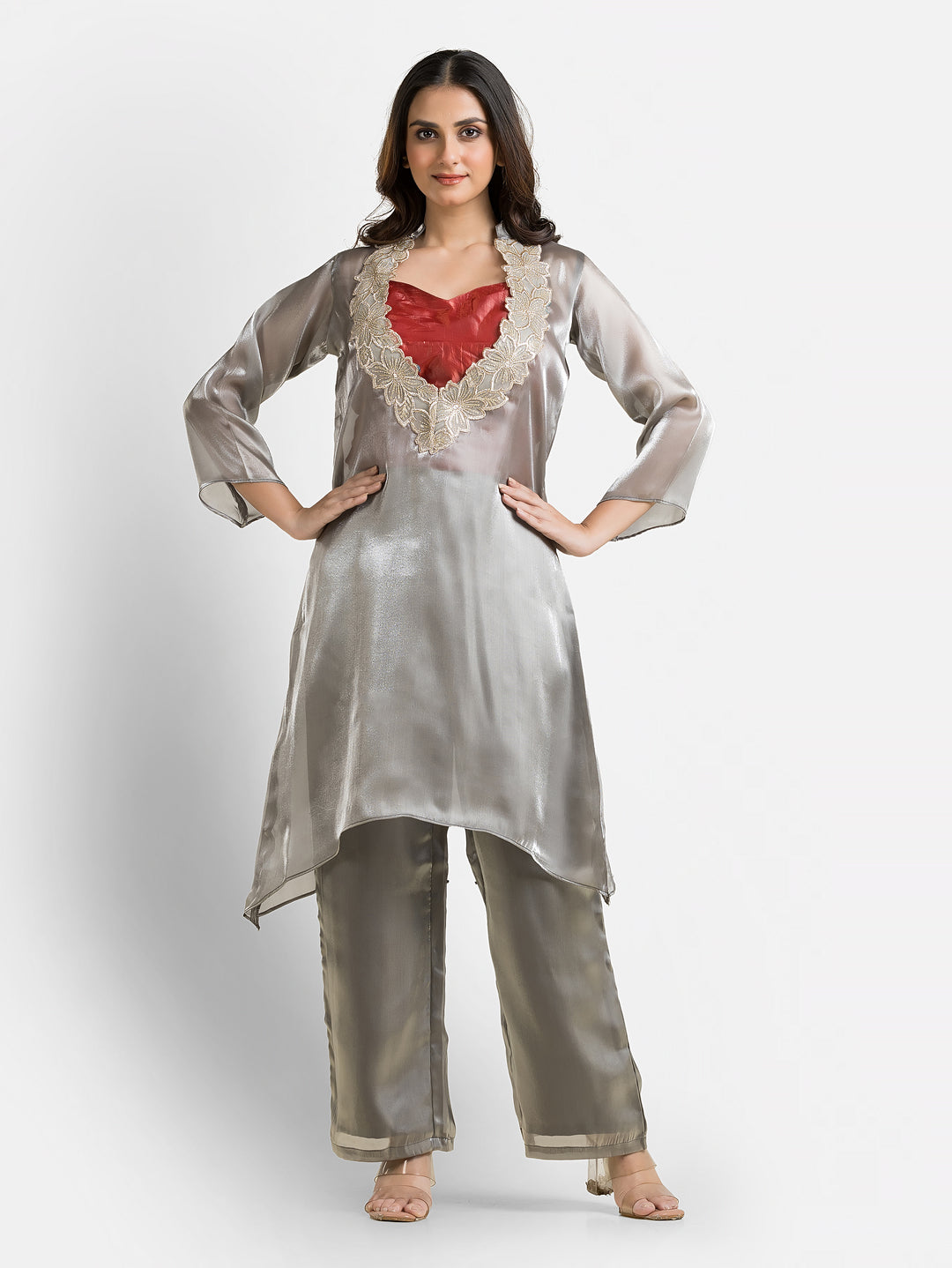 Women's Grey Organza Silk Co-Ords Set With Inner Blouse