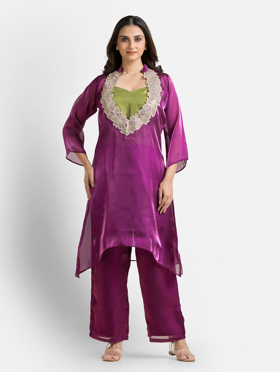 Women's Purple Organza Silk Co-Ords Set With Inner Blouse