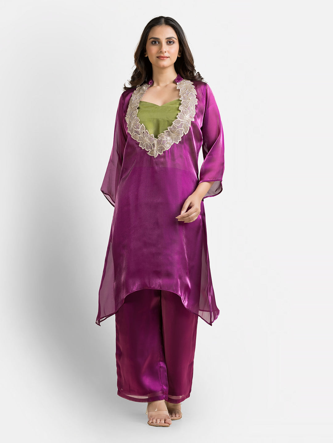 Women's Purple Organza Silk Co-Ords Set With Inner Blouse