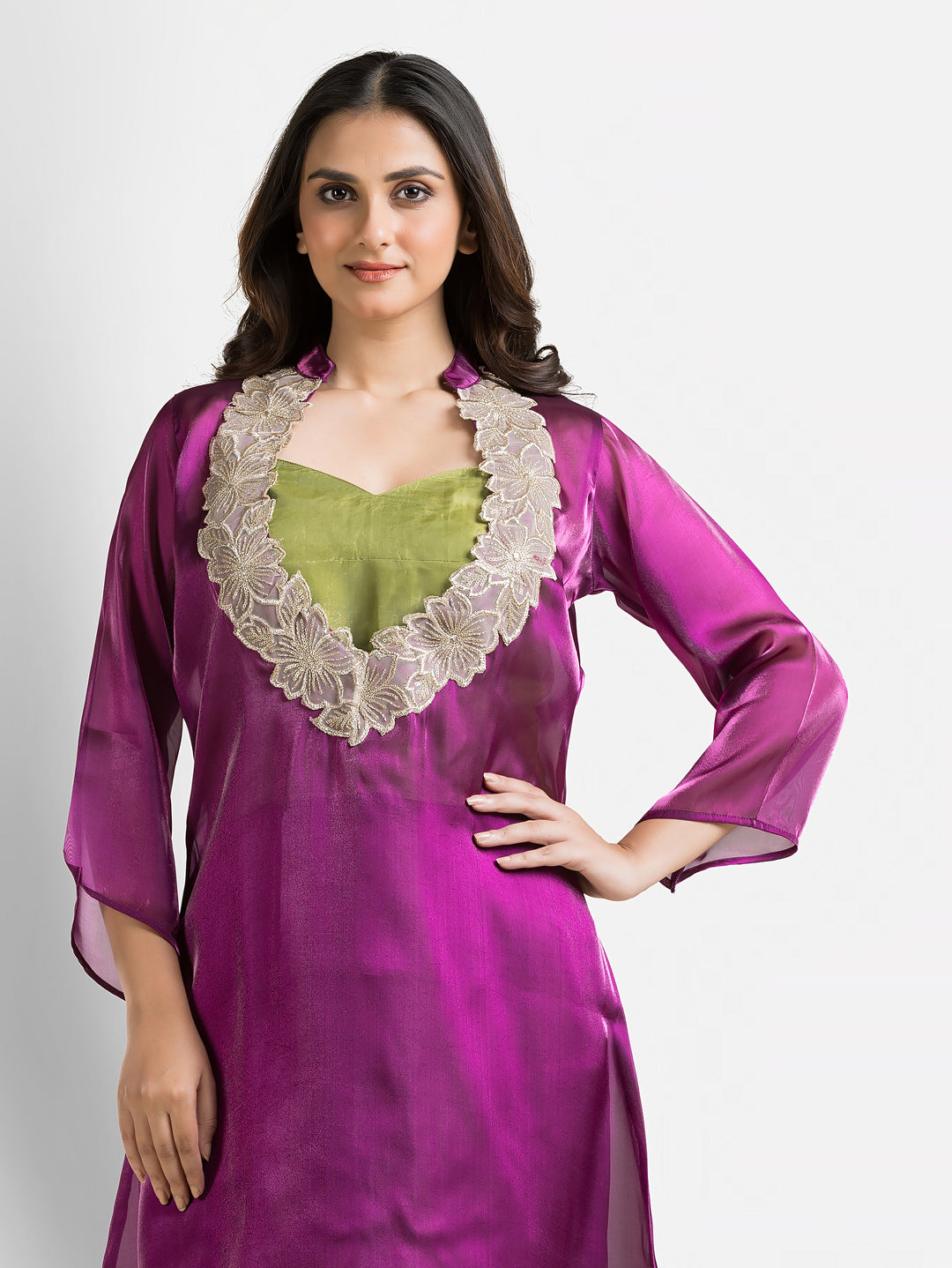 Women's Purple Organza Silk Co-Ords Set With Inner Blouse