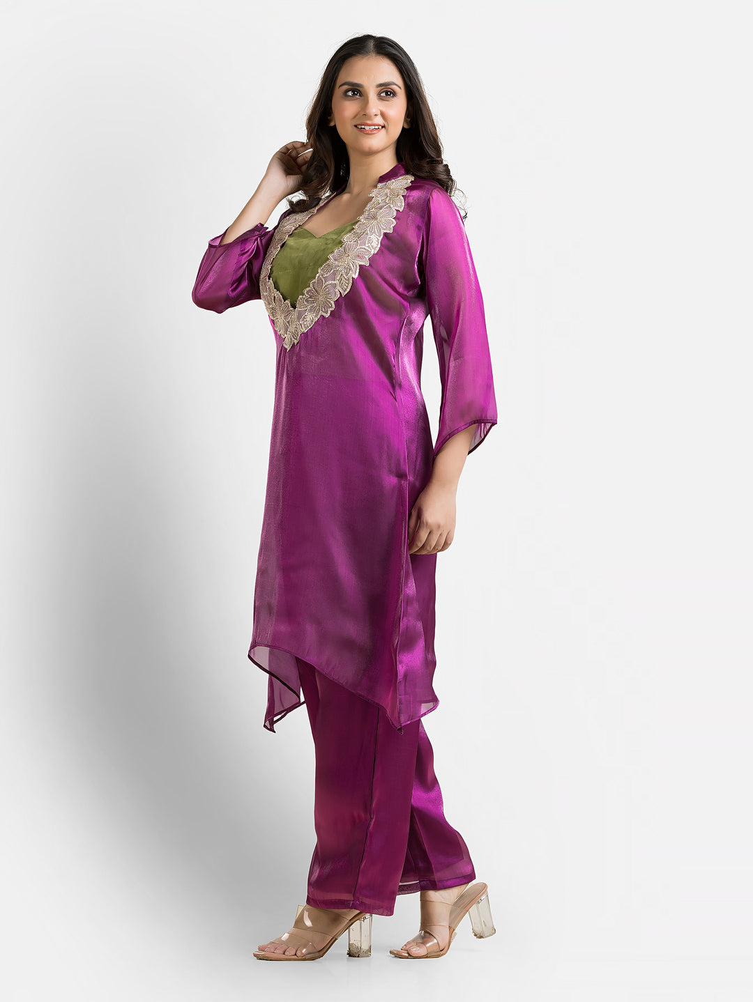 Women's Purple Organza Silk Co-Ords Set With Inner Blouse