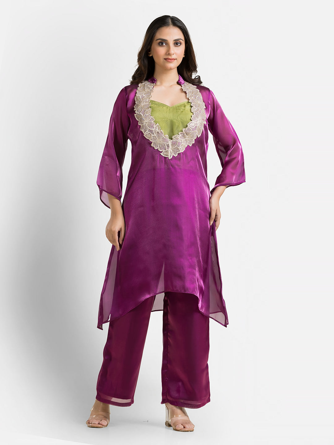 Women's Purple Organza Silk Co-Ords Set With Inner Blouse