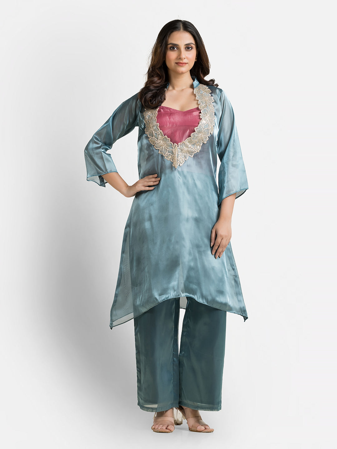 Women's Blue Organza Silk Co-Ords Set With Inner Blouse