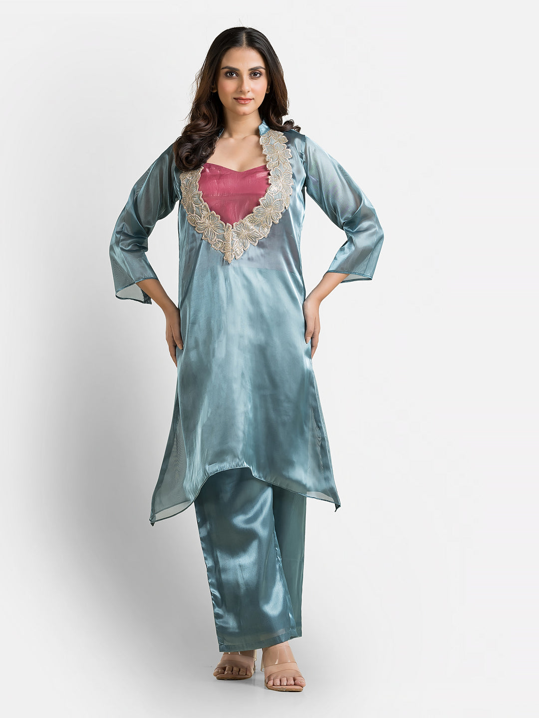 Women's Blue Organza Silk Co-Ords Set With Inner Blouse