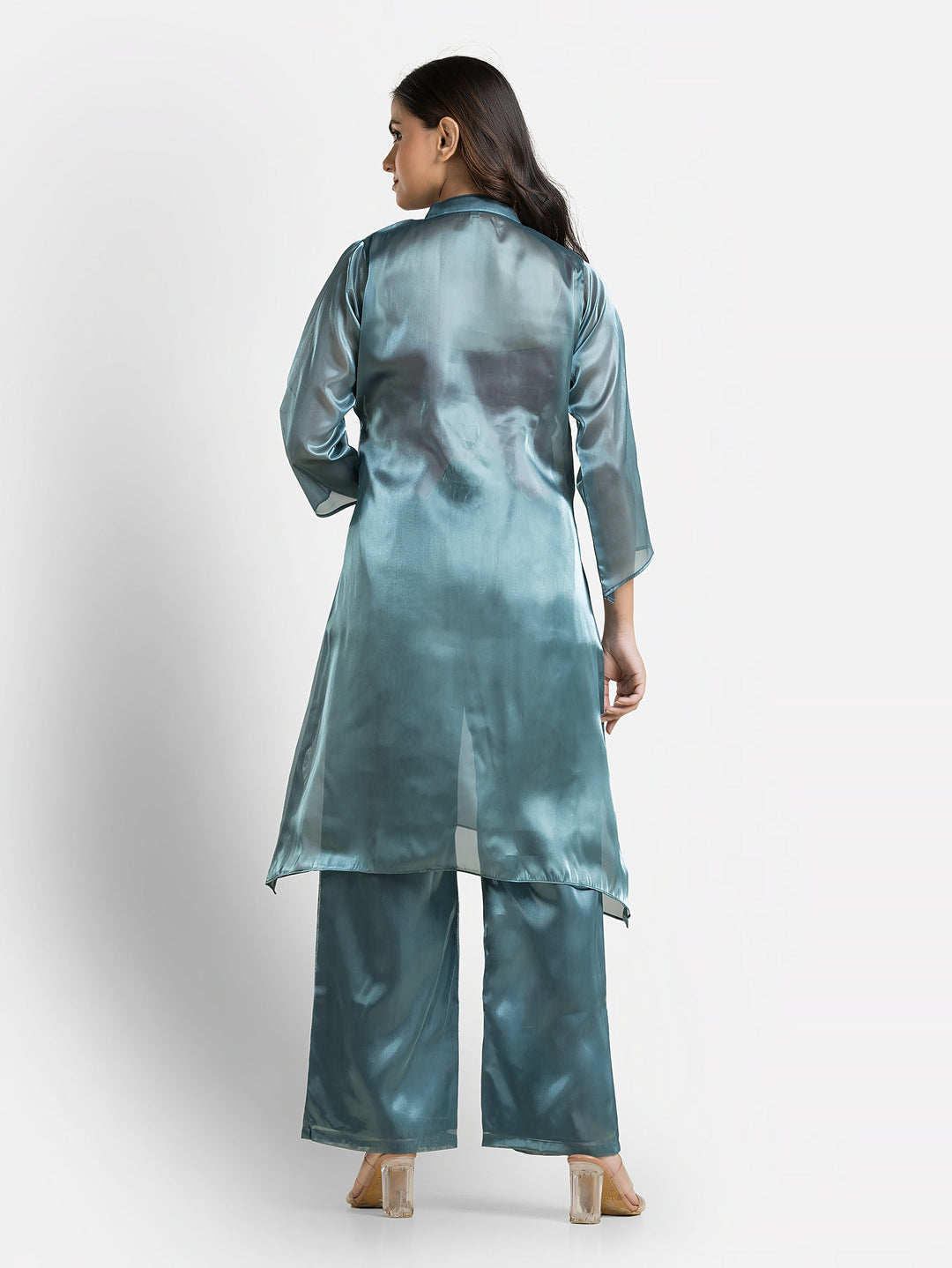 Women's Blue Organza Silk Co-Ords Set With Inner Blouse
