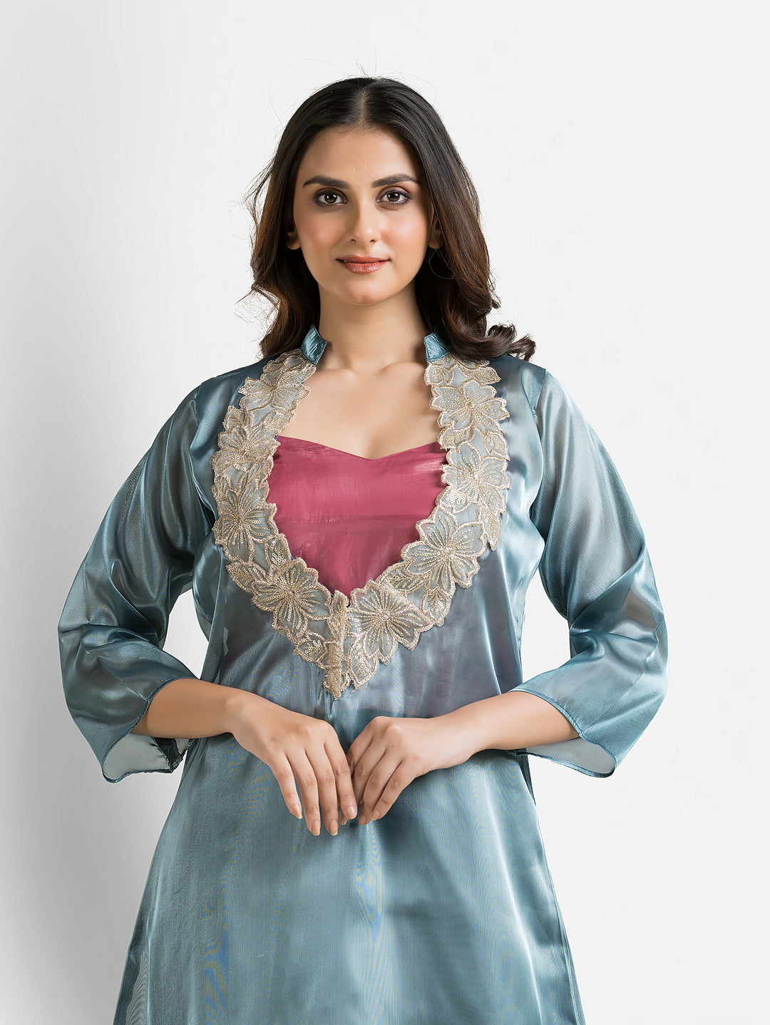 Women's Blue Organza Silk Co-Ords Set With Inner Blouse