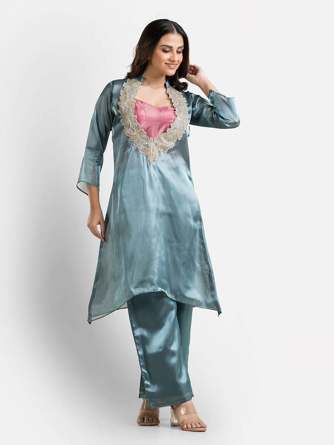 Women's Blue Organza Silk Co-Ords Set With Inner Blouse