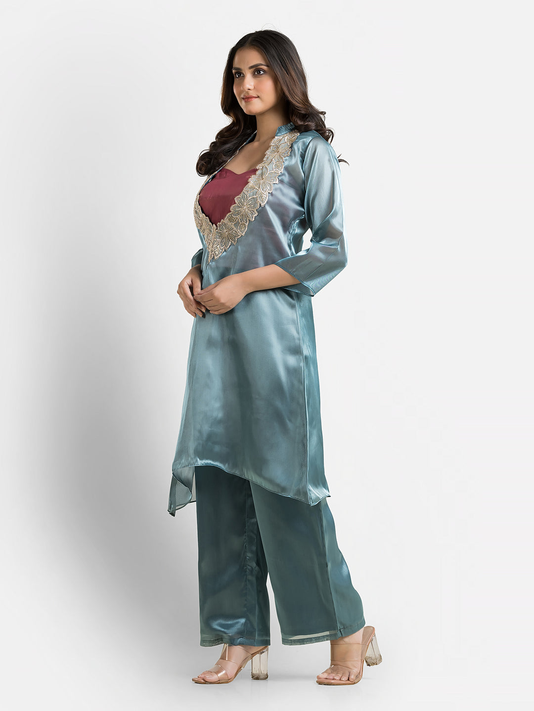 Women's Blue Organza Silk Co-Ords Set With Inner Blouse