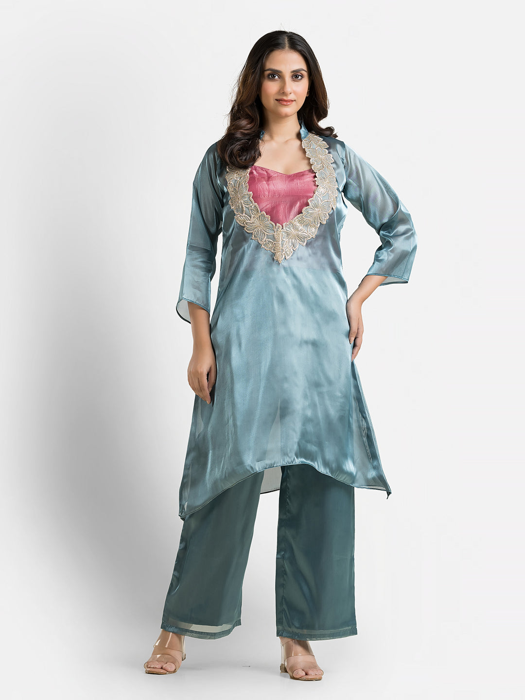 Women's Blue Organza Silk Co-Ords Set With Inner Blouse