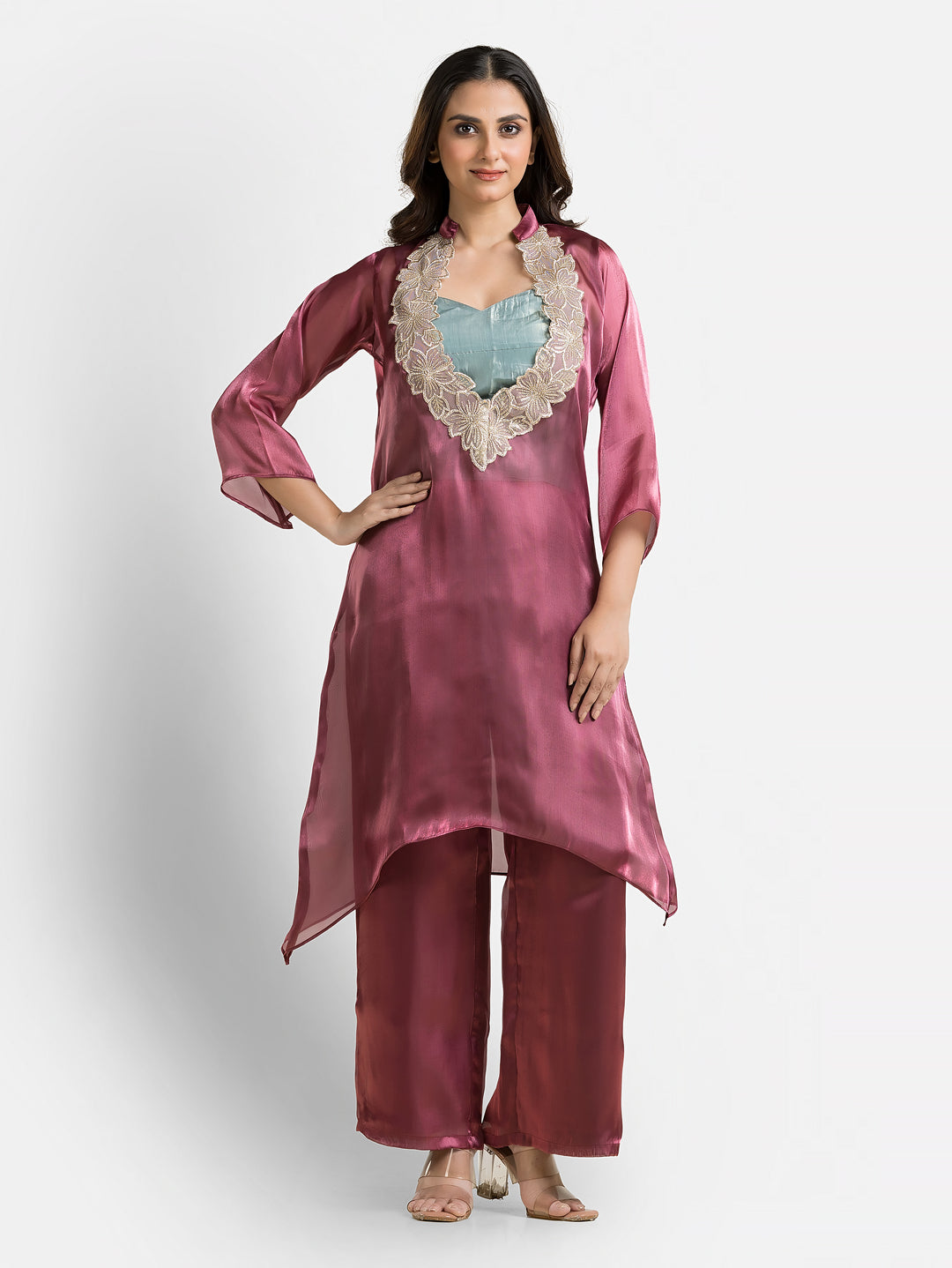 Women's Wine Organza Silk Co-Ords Set With Inner Blouse