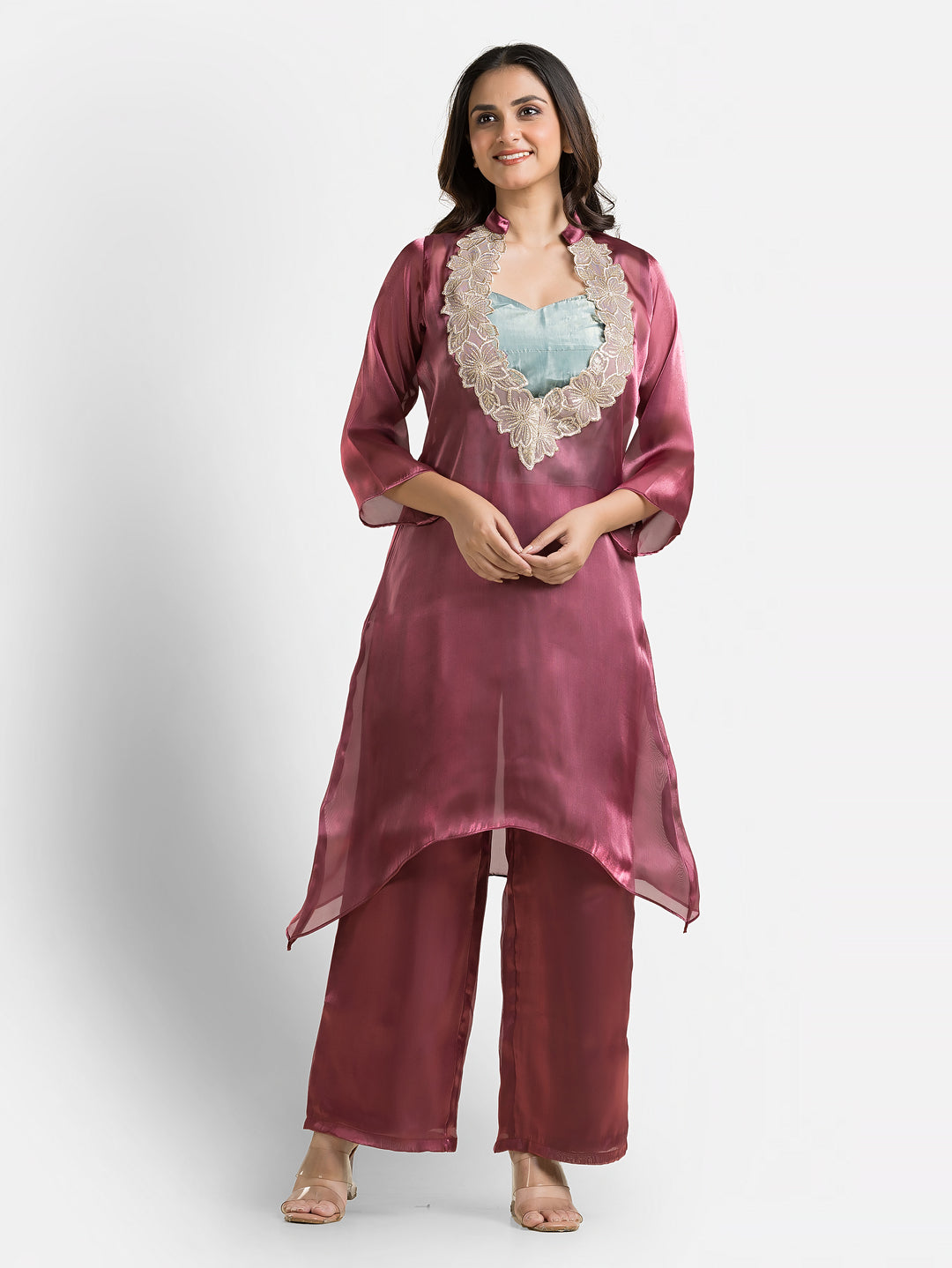 Women's Wine Organza Silk Co-Ords Set With Inner Blouse