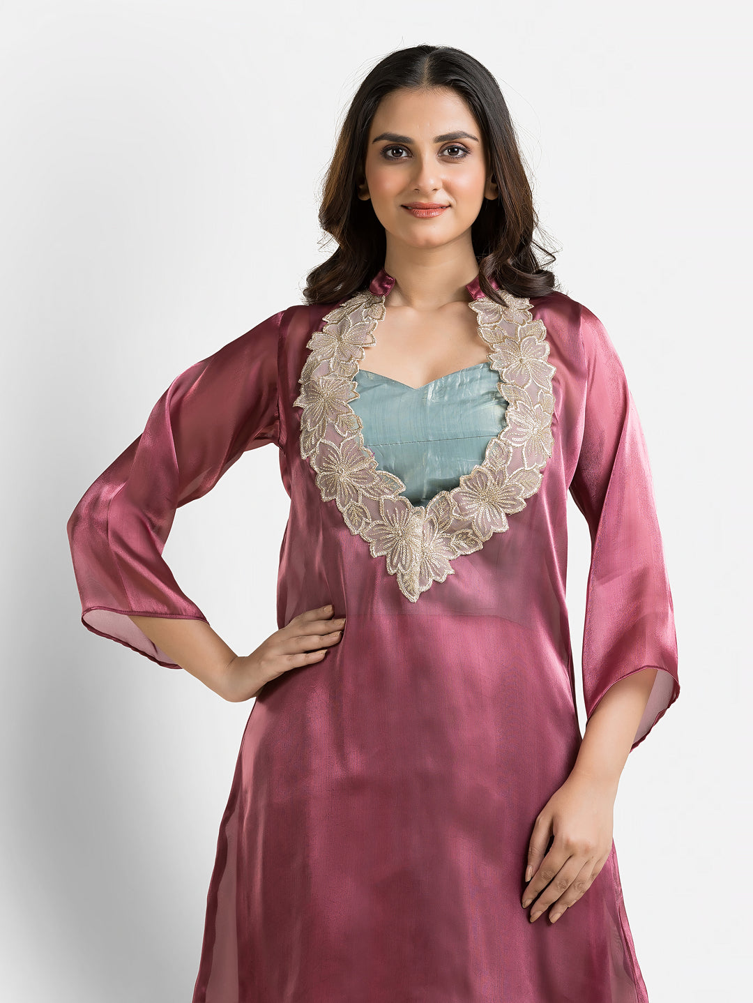 Women's Wine Organza Silk Co-Ords Set With Inner Blouse