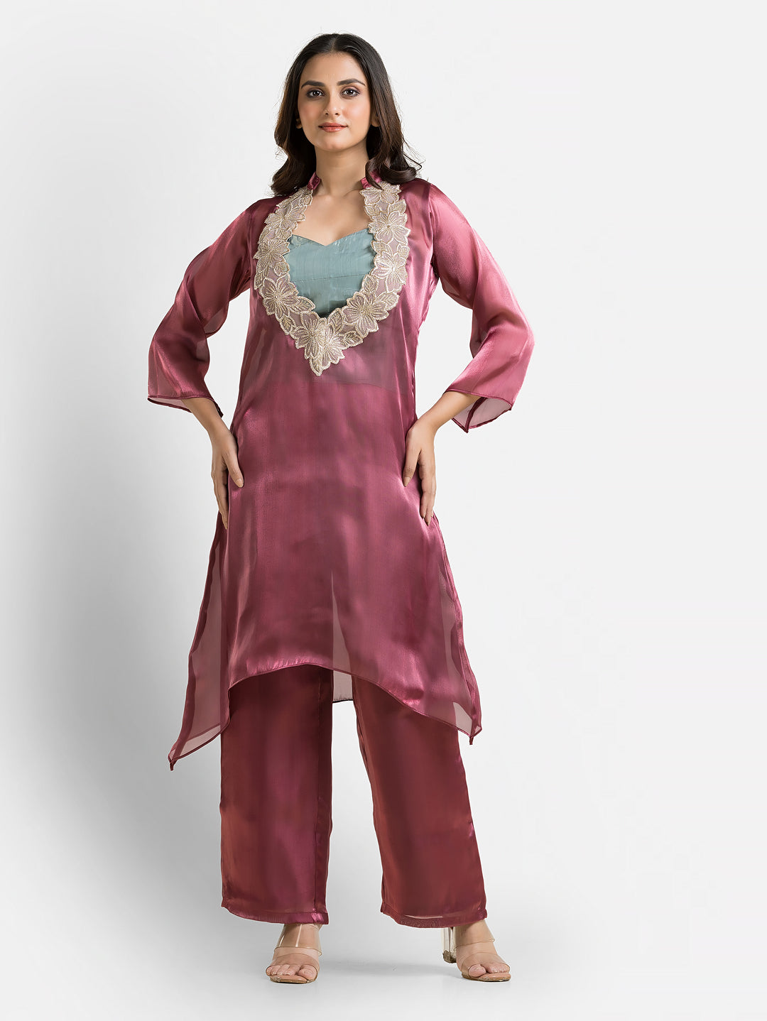 Women's Wine Organza Silk Co-Ords Set With Inner Blouse