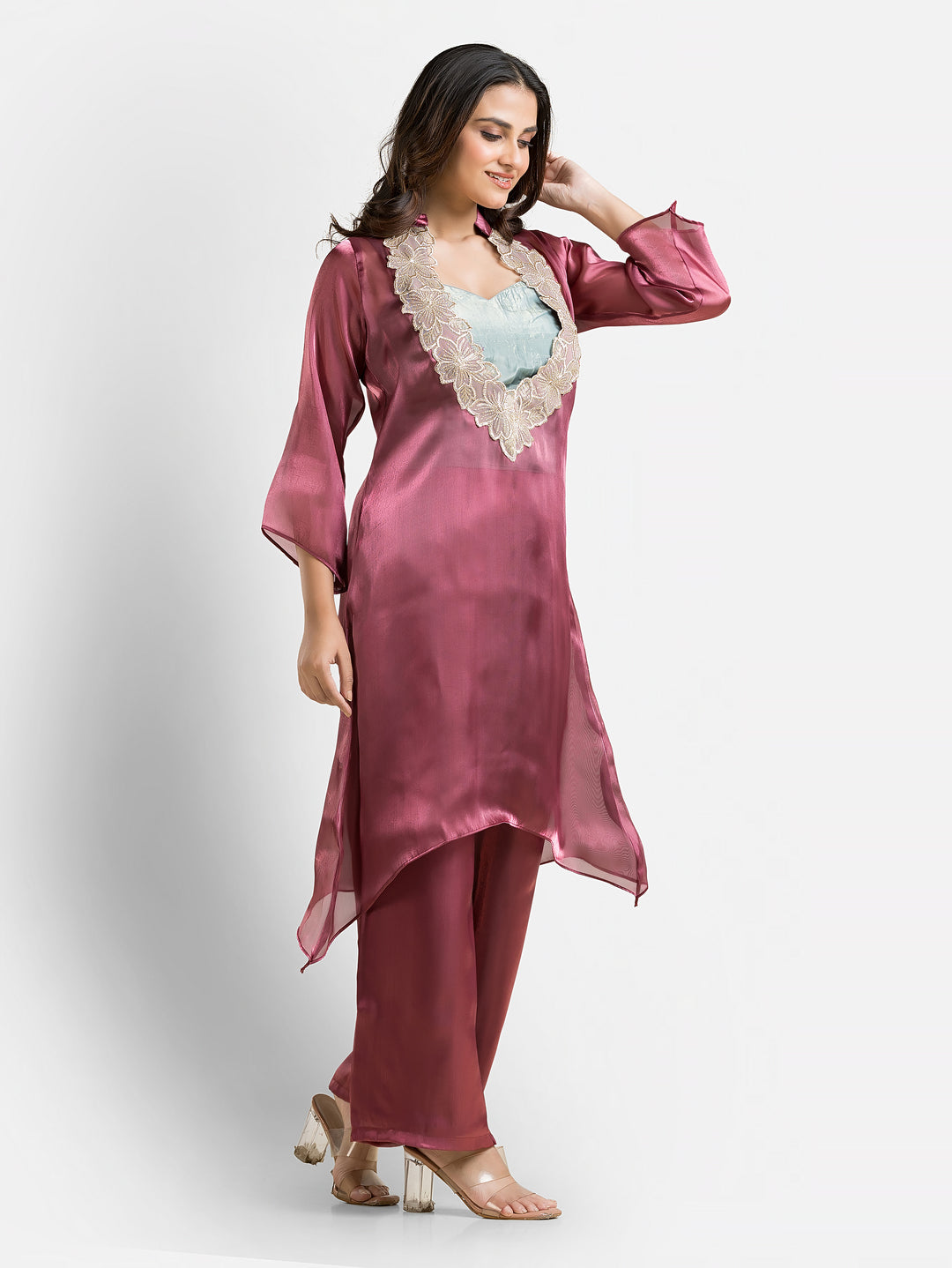 Women's Wine Organza Silk Co-Ords Set With Inner Blouse