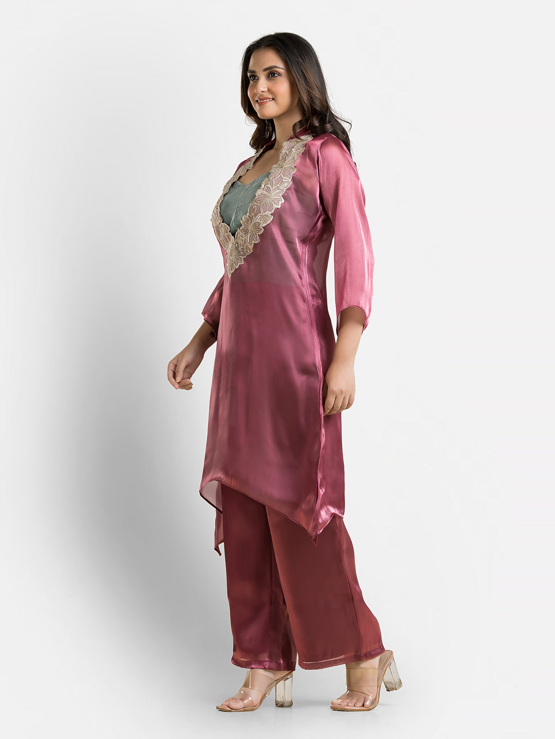 Women's Wine Organza Silk Co-Ords Set With Inner Blouse
