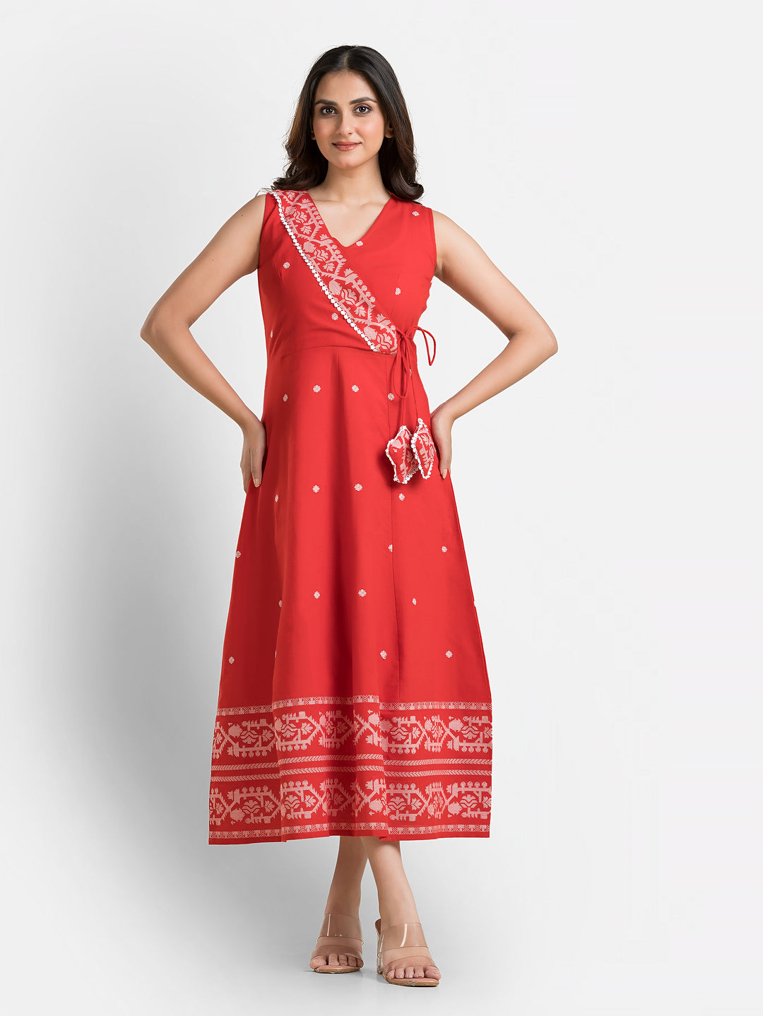 Women's Red Angaraksha Pattern Cotton Dress