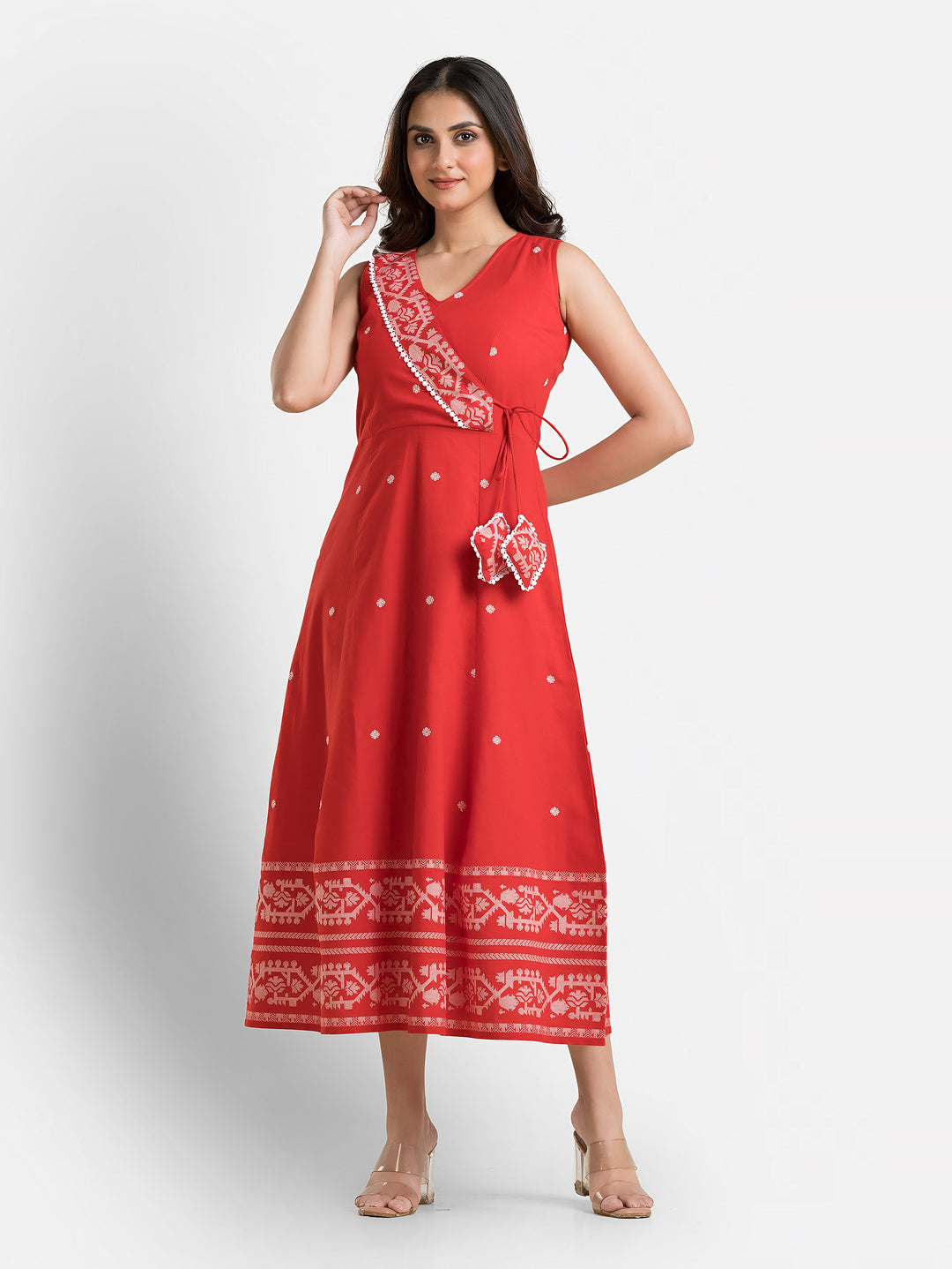 Women's Red Angaraksha Pattern Cotton Dress
