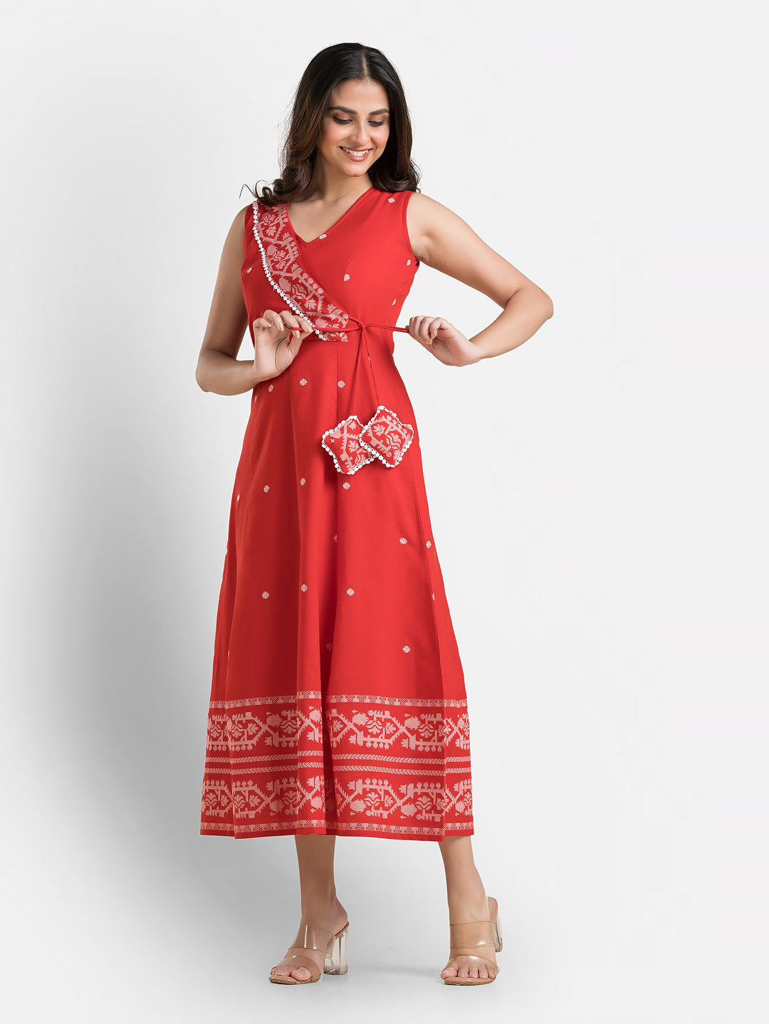 Women's Red Angaraksha Pattern Cotton Dress